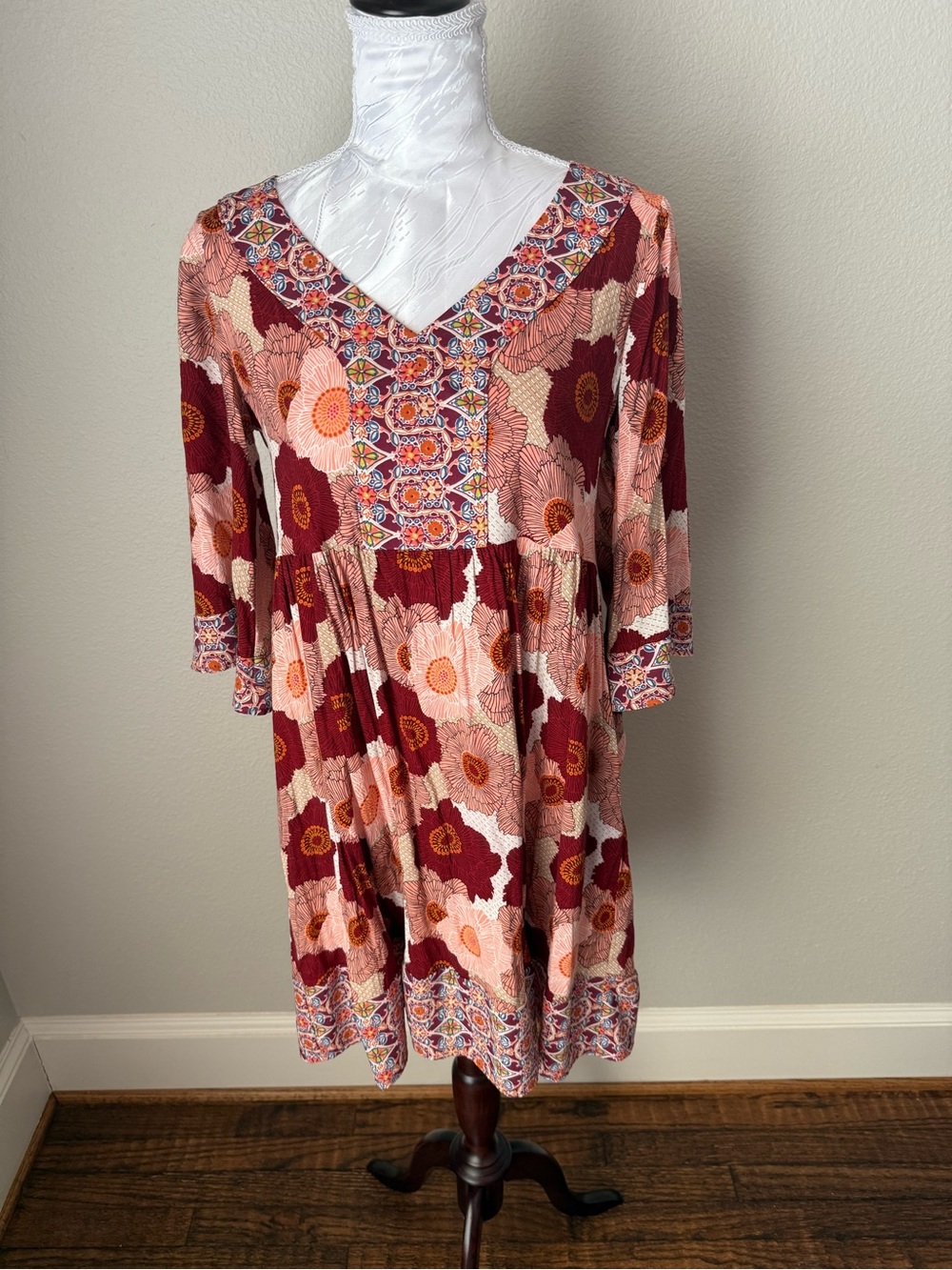 Uncle Frank Burgundy and Blush Floral V-Neck Long Sleeve Dress